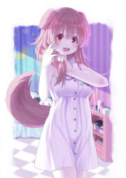 Rule 34 | 1girl, 54hao, :3, :d, animal ears, bare arms, bare shoulders, blurry, blurry background, breasts, brown hair, depth of field, dog ears, dog girl, dog tail, dress, fangs, hair between eyes, hands up, highres, holding, holding hair, hololive, inugami korone, inugami korone (1st costume), long hair, looking at viewer, medium breasts, open mouth, red eyes, sleeveless, sleeveless dress, smile, solo, tail, virtual youtuber, white dress