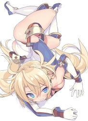 Rule 34 | 1girl, ass, bare shoulders, blade (galaxist), blonde hair, blue eyes, boots, bradamante (fate), bradamante (first ascension) (fate), braid, breasts, cleavage, clenched teeth, criss-cross halter, crown braid, elbow gloves, fate/grand order, fate (series), full body, gloves, halterneck, knee boots, leotard, long hair, lying, medium breasts, on side, simple background, solo, sweatdrop, teeth, twintails, white background