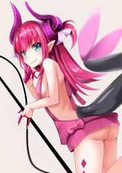 Rule 34 | 10s, 1girl, aran sweater, argyle, ass, backless dress, backless outfit, bare back, blue eyes, blurry, blush, breasts, cable knit, closed mouth, depth of field, dragon girl, dragon horns, dragon tail, dress, dutch angle, elizabeth bathory (fate), elizabeth bathory (fate/extra ccc), fate/extra, fate/extra ccc, fate/grand order, fate (series), from behind, grey background, hair between eyes, halterneck, highres, holding, horns, long hair, looking at viewer, looking back, meme attire, naked sweater, pink hair, pointy ears, ribbed sweater, sideboob, simple background, small breasts, smile, solo, sweater, sweater dress, tail, thighs, turtleneck, turtleneck sweater, virgin killer sweater, wapokichi