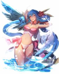 Rule 34 | 1girl, armpits, bikini, blue hair, breasts, dizzy (guilty gear), flower, guilty gear, hair flower, hair ornament, large breasts, long hair, looking at viewer, one eye closed, oro (sumakaita), pink bikini, red eyes, ribbon, smile, solo, swimsuit, tail, twintails, water, wings