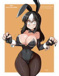 Rule 34 | 1girl, 2023, animal ears, artist name, bags under eyes, bare shoulders, black eyes, black hair, black leotard, blush, border, bouncing breasts, breasts, brown background, brown pantyhose, chinese zodiac, cleavage, cowboy shot, curvy, dated, detached collar, detached sleeves, elbow gloves, embarrassed, english text, fake animal ears, fake tail, female focus, fingernails, fishnet pantyhose, fishnets, gloves, hairband, highleg, highleg leotard, highres, large breasts, leotard, long hair, looking down, lucyfer, multicolored hair, necktie, new year, noss (rariatto), original, pantyhose, playboy bunny, rabbit ears, shiny clothes, shiny skin, simple background, solo, standing, strapless, strapless leotard, streaked hair, sweat, tail, thighs, thong leotard, two-tone hair, vampire, wavy mouth, white border, wide hips, wrist cuffs, year of the rabbit
