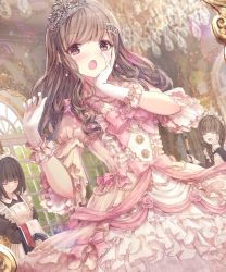Rule 34 | 3girls, blurry, blurry background, blush, brown hair, ceiling, closed mouth, crown, dress, frilled cuffs, frilled dress, frills, hand on own face, highres, layered dress, long hair, looking at viewer, maid, missile228, multiple girls, open mouth, original, pink dress, puffy short sleeves, puffy sleeves, red eyes, short sleeves, sidelocks, smile, solo focus, swept bangs, tree, window