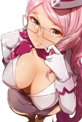 Rule 34 | 1girl, blush, breasts, choker, cleavage, downblouse, earrings, fate/grand order, fate (series), garrison cap, glasses, gloves, hat, hip focus, jewelry, koyanskaya (fate), koyanskaya (foreigner) (first ascension) (fate), large breasts, long hair, looking at viewer, mouth hold, no bra, pink hair, pink ribbon, ribbon, ribbon choker, simple background, smile, solo, tamamo (fate), thighhighs, tokiwa midori (kyokutou funamushi), white background, white gloves, yellow eyes