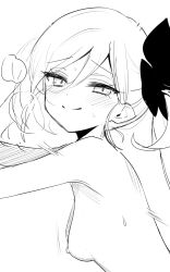 Rule 34 | 1girl, blue archive, blush, breasts, closed mouth, completely nude, deadnooodles, hair between eyes, highres, implied sex, long hair, looking at viewer, monochrome, motion lines, mutsuki (blue archive), nipples, nude, side ponytail, sketch, small breasts, smile, solo, upper body