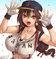 Rule 34 | 1girl, amania orz, baseball, baseball cap, baseball uniform, breasts, brown hair, cleavage, collarbone, crop top, earrings, final fantasy, final fantasy vii, final fantasy vii remake, fingerless gloves, gloves, hair between eyes, hair ribbon, hands up, hat, jewelry, large breasts, long hair, looking at viewer, open mouth, red eyes, red ribbon, ribbon, smile, solo, sportswear, tifa lockhart, upper body, very long hair, white gloves