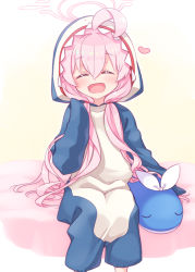 Rule 34 | 1girl, ahoge, alternate hairstyle, animal costume, animal hood, blue archive, commentary request, closed eyes, halo, harada (sansei rain), highres, hood, hoshino (blue archive), long hair, low twintails, onesie, open mouth, pink hair, shark costume, shark hood, sitting, stuffed animal, stuffed toy, stuffed whale, twintails