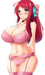 Rule 34 | 10s, 1girl, aqua eyes, arm behind back, bare shoulders, blush, bow, bra, breasts, cleavage, hair bow, hand on own face, highres, huge breasts, lingerie, long hair, looking at viewer, minamoto sakura, mistynight, navel, panties, parted lips, pink bra, pink panties, red hair, simple background, solo, standing, thighhighs, underwear, white background, zettai ryouiki, zombie, zombie land saga