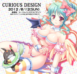 Rule 34 | 1girl, absurdres, angel wings, animal ears, asymmetrical legwear, bare shoulders, bat wings, blue hair, blush, bow, breasts, bridal garter, cat ears, cat tail, cleavage, evemoina, food, fruit, hair bow, highres, innertube, large breasts, looking at viewer, mismatched legwear, original, panties, panty pull, popsicle, purple eyes, side-tie panties, single thighhigh, smile, solo, striped clothes, striped thighhighs, swim ring, tail, thighhighs, underwear, watermelon, wings, wrist cuffs