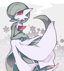 Rule 34 | 1girl, akadako, bags under eyes, bob cut, bright pupils, colored skin, creatures (company), female focus, flat chest, full body, game freak, gardevoir, gen 3 pokemon, green hair, green skin, grey background, grey outline, hair over one eye, hands on lap, invisible chair, looking at viewer, multicolored skin, nintendo, one-hour drawing challenge, one eye covered, open mouth, own hands together, pokemon, pokemon (creature), red eyes, short hair, sitting, slit pupils, solo, two-tone skin, white pupils, white skin