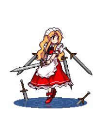 Rule 34 | 1girl, ankle bow, ankle ribbon, antinomy of common flowers, apron, arm ribbon, blonde hair, bow, brown eyes, closed mouth, dress, expressionless, frilled apron, frilled skirt, frills, headwear request, holding, holding sword, holding weapon, leg ribbon, long hair, looking to the side, lowres, maid, maid headdress, official style, pixel art, puffy sleeves, red dress, red footwear, reflection, ribbon, ripples, short sleeves, sidelocks, skirt, solo, sword, the hammer (pixiv30862105), touhou, touhou (pc-98), transparent background, water, wavy hair, weapon, wrist cuffs, yumeko (touhou)
