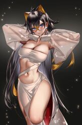 Rule 34 | 1girl, absurdres, alternate costume, artist name, black background, black hair, blue eyes, blush, breasts, brown hair, cleavage, closed mouth, crossed bangs, dehya (genshin impact), genshin impact, hands up, highres, large breasts, long hair, long sleeves, looking at viewer, multicolored hair, navel, ringeko-chan, see-through, skirt, solo, strapless, thighs, tube top, two-tone hair, white skirt