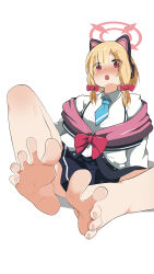 Rule 34 | 1girl, barefoot, blonde hair, blue archive, blush, feet, highres, karasimaki2017, looking at viewer, medium hair, momoi (blue archive), open mouth, pink eyes, soles, toes