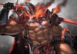 Rule 34 | 1boy, abs, armor, belt, cape, chest hair, chest harness, dai-xt, dutch angle, embers, fire, gauntlets, groin, harness, helmet, highres, looking at viewer, male focus, muscular, over shoulder, pauldrons, red cape, red eyes, shoulder armor, solo, surtr (housamo), sword, sword over shoulder, tokyo houkago summoners, veins, weapon, weapon over shoulder