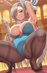 Rule 34 | 1girl, animal ears, armpits, asuna (blue archive), asuna (bunny) (blue archive), black footwear, blue archive, blue eyes, bow, bowtie, breasts, brown hair, brown pantyhose, cleavage, clenched teeth, fake animal ears, from below, gloves, halo, high heels, highres, huge breasts, leotard, long hair, looking at viewer, one eye closed, pantyhose, playboy bunny, pole, pole dancing, rabbit ears, shoes, smile, solo, squatting, stripper pole, teeth, thighs, traditional bowtie, v, very long hair, white gloves, yasojima nejiro