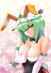 Rule 34 | 1girl, animal ears, bow, bowtie, breasts, cleavage, elbow gloves, fake animal ears, gloves, green eyes, green hair, highres, large breasts, matching hair/eyes, onegai! ranking, onegai green, pantyhose, playboy bunny, rabbit ears, rabbit tail, solo, tail, ueyama michirou