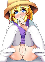 Rule 34 | 1girl, :q, blonde hair, blue eyes, blush, cleft of venus, closed mouth, dress, female focus, finger to mouth, hair between eyes, hair ribbon, hat, head tilt, long sleeves, looking at viewer, moriya suwako, no panties, onaho (otayoku), pussy, ribbon, shiny skin, shushing, simple background, sitting, smile, solo, thighhighs, tongue, tongue out, touhou, uncensored, white background, white sleeves, white thighhighs