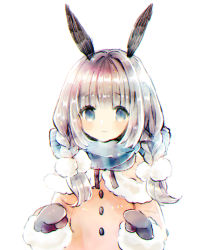 Rule 34 | 1girl, animal ears, black mittens, blue eyes, blue scarf, blush, braid, brown capelet, brown coat, rabbit ears, capelet, closed mouth, coat, fur-trimmed capelet, fur-trimmed sleeves, fur trim, grey hair, highres, kikka (kicca choco), long hair, long sleeves, looking at viewer, mittens, original, scarf, simple background, solo, twin braids, upper body, white background
