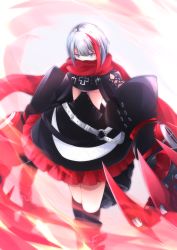 Rule 34 | 1girl, absurdres, admiral graf spee (azur lane), azur lane, belt, black dress, black footwear, black socks, blue eyes, boots, breasts, clawed gauntlets, clothing cutout, covered mouth, cross, dress, frilled dress, frills, highres, iron cross, kneehighs, looking at viewer, mechanical tail, medium hair, multicolored hair, osatou (soul of sugar), red hair, red scarf, scarf, silver hair, socks, solo, streaked hair, tail, two-tone hair, underboob, underboob cutout, white belt