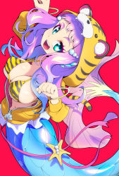Rule 34 | 1girl, :d, animal hood, animal print, bikini, blue eyes, bracelet, breasts, chinese zodiac, covered erect nipples, heart, heart in eye, highres, hood, hoodie, jewelry, large breasts, laura la mer, long hair, looking at viewer, mermaid, monster girl, open mouth, precure, purple hair, red background, ryuuta (cure ryuuta), shiny skin, simple background, smile, solo, swimsuit, symbol in eye, tail, tiger hood, tiger print, tiger tail, tropical-rouge! precure, year of the tiger