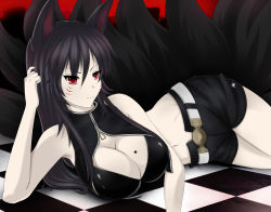 Rule 34 | 1girl, ahri (league of legends), animal ears, bad anatomy, bad id, bad pixiv id, belt, black gold saw, black gold saw (cosplay), black hair, black rock shooter, breasts, cleavage, cosplay, facial mark, forscience, fox ears, fox tail, highres, large breasts, league of legends, long hair, lying, multiple tails, navel, on side, purple mii, red eyes, scar, short shorts, shorts, solo, star (symbol), tail, tattoo, whisker markings