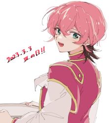 Rule 34 | 1boy, :d, ascot, bishounen, blush, brown hair, dated, from side, green eyes, hair between eyes, happy, holding, holding plate, iii (yu-gi-oh!), long sleeves, looking at viewer, male focus, medium hair, multicolored hair, open mouth, pink hair, plate, smile, solo, sunanogimo, translation request, two-tone hair, upper body, yu-gi-oh!, yu-gi-oh! zexal