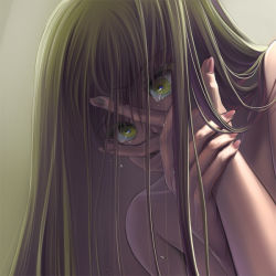 Rule 34 | 00s, 1girl, bad id, bad pixiv id, c.c., code geass, completely nude, covering face, covering own mouth, covering privates, female focus, gradient background, green eyes, green hair, long hair, matching hair/eyes, minami (apricot tea), nude, solo, tears