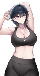 Rule 34 | 1girl, absurdres, armpits, arms up, bare arms, bare shoulders, black hair, black pants, blue eyes, blurry, blurry background, blush, borrowed character, breasts, cleavage, collarbone, commentary, crop top, foxie30, hair between eyes, highres, large breasts, leggings, looking at viewer, midriff, navel, original, outdoors, pants, parted lips, short hair, simple background, solo, sports bra, stomach, upper body, white background, yokoyama ishimi