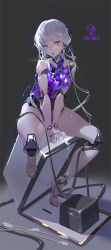 Rule 34 | 1girl, absurdres, android, blue eyes, breasts, cable, colored tongue, dated, grey background, highres, joints, long hair, looking at viewer, mechanical arms, mechanical legs, mechanical parts, medium breasts, original, purple tongue, ribao, robot joints, signature, sitting, solo, sweat, thighs, tongue, tongue out, white hair