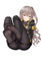 Rule 34 | 1girl, absurdres, armband, bdsm, black pantyhose, bondage, bound, brown hair, chinese commentary, commentary, cuffs, feet, feet up, girls&#039; frontline, highres, long hair, looking at viewer, one side up, panties, pantyhose, restrained, scar, scar across eye, scar on face, soles, toes, ump45 (girls&#039; frontline), underwear, xo (xo17800108), yellow armband, yellow eyes