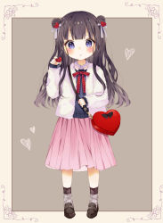 Rule 34 | 1girl, bag, black footwear, blue cardigan, blue eyes, blush, brown hair, cardigan, collared shirt, commentary request, double bun, full body, hair bun, hair ornament, head tilt, heart, heart-shaped bag, heart hair ornament, highres, holding, holding heart, jacket, loafers, long hair, long sleeves, looking at viewer, loose socks, original, parted lips, pink skirt, shirt, shoes, shoulder bag, side bun, skirt, sleeves past wrists, socks, solo, standing, toma tokage, white jacket, white shirt, white socks