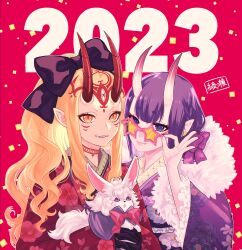Rule 34 | 2023, 2girls, adjusting eyewear, black bow, black gloves, blonde hair, bow, commentary request, creature, earrings, facial mark, fang, fate/grand order, fate (series), floral print, forehead mark, fou (fate), frilled sleeves, frills, fur collar, gloves, hair bow, highres, hizuki aya, horns, ibaraki douji (fate), japanese clothes, jewelry, kimono, long hair, looking at viewer, multiple girls, new year, oni, pointy ears, purple eyes, purple hair, purple kimono, red kimono, short hair, shuten douji (fate), skin-covered horns, smile, star-shaped eyewear, star (symbol), stud earrings, sunglasses, upper body, yellow eyes