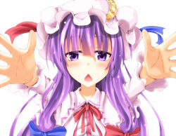 Rule 34 | 1girl, :o, blue bow, blue ribbon, blush, bow, capelet, chestnut mouth, crescent, flask (pandora), foreshortening, frilled sleeves, frills, hair bow, hair ribbon, hat, hat ribbon, highres, long hair, long sleeves, looking at viewer, mob cap, neck ribbon, open mouth, patchouli knowledge, purple eyes, purple hair, reaching, reaching towards viewer, red bow, red ribbon, ribbon, sidelocks, solo, touhou, tress ribbon, upper body, white background