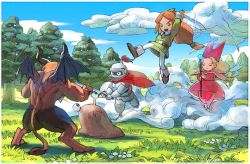 Rule 34 | 1girl, 2boys, armor, black footwear, blonde hair, brown hair, cape, character request, check character, closed eyes, floating, flower, glint, grass, green shirt, holding, holding staff, holding sword, holding weapon, leaf, long hair, long sleeves, low-tied long hair, monster, multiple boys, narcia, pants, pietro pakapuka, plant, popolocrois, red cape, red headwear, red pants, sasumata jirou, shadow, shirt, staff, sword, tail, tree, weapon, white flower, white knight (popolocrois), white pants, wings