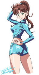 Rule 34 | 1girl, ass, bishoujo senshi sailor moon, blue shirt, blue shorts, breasts, brown hair, from behind, green eyes, hair bobbles, hair ornament, hand on own hip, highres, kino makoto, long sleeves, medium breasts, medium hair, midriff, ponytail, shirt, shorts, sidelocks, simple background, smile, solo, thighs, tomizofu, turtleneck, white background