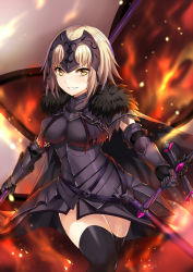 Rule 34 | armor, bad id, bad pixiv id, black thighhighs, blonde hair, blush, breasts, circlet, cleavage, cowboy shot, fate/grand order, fate (series), faulds, fire, highres, holding, holding sword, holding weapon, jeanne d&#039;arc (fate), jeanne d&#039;arc alter (avenger) (fate), jeanne d&#039;arc alter (avenger) (first ascension) (fate), jeanne d&#039;arc alter (fate), long hair, solo, sword, thighhighs, thighs, v-shaped eyebrows, warrior, weapon, yellow eyes