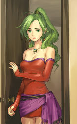 Rule 34 | 1990s (style), 1girl, bridal gauntlets, detached sleeves, dress, earrings, final fantasy, final fantasy vi, green eyes, green hair, jewelry, long hair, matching hair/eyes, necklace, pantyhose, ponytail, retro artstyle, solo, tina branford, yuccoshi