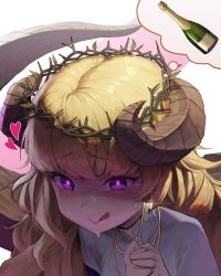 Rule 34 | 1girl, :q, artist request, backlighting, blonde hair, blunt bangs, blush, bottle, commission, crown of thorns, curled horns, dragon girl, dragon horns, dragon tail, glint, glowing, glowing eyes, highres, holding, horns, jewelry, key, long hair, necklace, original, own hands together, purple eyes, ring, second-party source, solo, sweat, tail, thought bubble, tongue, tongue out, via stella, wine bottle