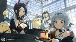 Rule 34 | 3girls, absurdres, alternate costume, apron, azur lane, bare shoulders, bird, black dress, black hair, black jacket, bow, bowtie, breasts, brown eyes, chick, cleavage, detached collar, detached sleeves, dress, ear piercing, enmaided, frills, grey hair, hairband, highres, holding, horns, jacket, large breasts, long hair, looking at viewer, looking down, maid, maid apron, maid headdress, manjuu (azur lane), medium breasts, multiple girls, noshiro (azur lane), noshiro (hold the ice) (azur lane), off shoulder, official art, oni horns, parted bangs, piercing, revealing clothes, romana, short hair, short sleeves, strapless, strapless dress, tray, twintails, ulrich von hutten (azur lane), ulrich von hutten (mayhem maid) (azur lane), very long hair, watermark, wing collar, z46 (azur lane), z46 (chronicles of the dust wars) (azur lane)
