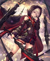 Rule 34 | 10s, 1girl, artist request, bare shoulders, boots, breasts, cape, choker, cleavage, cloud, cloudy sky, crystal, cygames, finger to mouth, floating, floating object, fur trim, grin, hair over one eye, hood, hood up, hoodie, official art, shadowverse, shingeki no bahamut, sky, smile, sword, thighhighs, weapon, white hair, wizardess of oz, yellow eyes