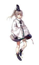 Rule 34 | 1girl, black ribbon, full body, hands in opposite sleeves, hat, highres, hug (artist), hug (yourhug), japanese clothes, kariginu, looking at viewer, mononobe no futo, open mouth, pom pom (clothes), ponytail, ribbon, ribbon-trimmed sleeves, ribbon trim, shoes, skirt, smile, solo, tate eboshi, touhou