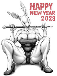 Rule 34 | 1girl, 2023, absurdres, ass, breasts, bubble head nurse, cameltoe, chinese zodiac, collarbone, covered erect nipples, covered eyes, covered navel, curvy, dated, double deck, english text, faceless, faceless female, full body, gloves, happy new year, highleg, highleg leotard, highres, holding, holding staff, huge ass, large breasts, leotard, looking at viewer, m legs, monochrome, monster girl, new year, nurse (silent hill), pectorals, playboy bunny, rabbit ears, silent hill, silent hill (series), silent hill 2, sitting, solo, staff, thick thighs, thighs, veins, veiny breasts, what, white gloves, wide hips, year of the rabbit