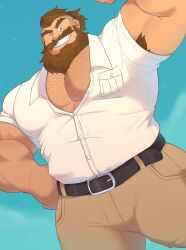 Rule 34 | 1boy, armpit hair, bara, beard, belt, biceps, black belt, blue eyes, brown hair, brown pants, commentary, destroyer (ni no kuni), dogoronumber3, english commentary, facial hair, hand on own hip, highres, male focus, muscular, muscular male, ni no kuni: cross worlds, one eye closed, paid reward available, pants, pectoral cleavage, pectorals, ponytail, shirt, smile, sparse chest hair, white shirt