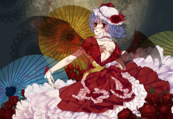 Rule 34 | 1girl, alternate costume, bare back, bat wings, blush, dress, flower, frilled dress, frills, from behind, hat, hat ribbon, highkun, jewelry, looking at viewer, looking back, mob cap, oil-paper umbrella, purple hair, red eyes, red ribbon, remilia scarlet, ribbon, rose, see-through, solo, touhou, umbrella, wings, wrist cuffs