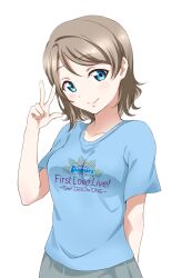 Rule 34 | 1girl, blue eyes, blush, breasts, brown hair, highres, looking at viewer, love live!, love live! sunshine!!, shirt, simple background, skirt, smile, solo, surfing orange, t-shirt, v, watanabe you, waving, white background
