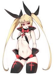 Rule 34 | 1girl, bad id, bad twitter id, black ribbon, black thighhighs, blazblue, blonde hair, bow, bowtie, breasts, cross, eyebrows, gloves, hair ribbon, highres, long hair, navel, navel piercing, piercing, rachel alucard, red bow, red eyes, red gloves, ribbon, simple background, slit pupils, slugbox, small breasts, solo, thighhighs, twintails, underboob, very long hair, white background