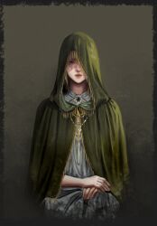 Rule 34 | 1girl, artist name, blue eyes, border, brown background, closed mouth, dress, elden ring, fia the deathbed companion, gem, green border, grey dress, highres, hood, hood up, jdori, looking at viewer, own hands together, red lips, sitting, solo