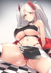 Rule 34 | 1girl, ass, azur lane, bare shoulders, black skirt, breasts, checkered flag, covered erect nipples, cropped shirt, flag, headgear, highres, jacket, large breasts, looking at viewer, microskirt, multicolored hair, nameco (nameco h), navel, official alternate costume, open clothes, open jacket, prinz eugen (azur lane), prinz eugen (final lap) (azur lane), red hair, sitting, skindentation, skirt, solo, spread legs, streaked hair, two-tone hair, underboob, white hair, white skirt, yellow eyes, zipper