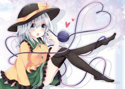 Rule 34 | 1girl, absurdres, ass, black thighhighs, blue eyes, bow, hat, hat bow, heart, highres, komeiji koishi, legs up, long sleeves, looking at viewer, no shoes, open mouth, shirt, silver hair, sitting, skirt, solo, thighhighs, third eye, touhou, wide sleeves, yuria (kittyluv), zettai ryouiki
