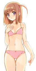 Rule 34 | 1girl, bare shoulders, blush, bra, breasts, brown hair, dotted, hair bobbles, hair ornament, hand on own chest, hip focus, kusari, lace, lace-trimmed panties, lace trim, lingerie, navel, orange hair, orihara akeno, panties, pink panties, pointing, polka dot, polka dot bra, polka dot panties, purple eyes, ribs, sakura koharu, short hair, side ponytail, sketch, small breasts, solo, standing, stomach, thigh gap, thighs, underwear, underwear only