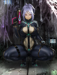 Rule 34 | 1girl, black bodysuit, bodysuit, breasts, closed mouth, elf, energy gun, covered erect nipples, full body, glowing, gluteal fold, gun, highres, holding, holding gun, holding weapon, houtengeki, large breasts, latex, liquid, looking at viewer, original, pointy ears, red eyes, ruins, science fiction, short eyebrows, silver hair, smile, solo, spread legs, squatting, thick thighs, thigh strap, thighs, weapon